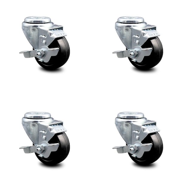 3 Inch Hard Rubber Wheel Swivel Bolt Hole Caster Set with Brake
